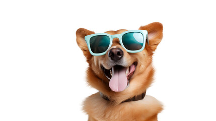 Funny happy dog wearing sunglasses transparent background png - obrazy, fototapety, plakaty