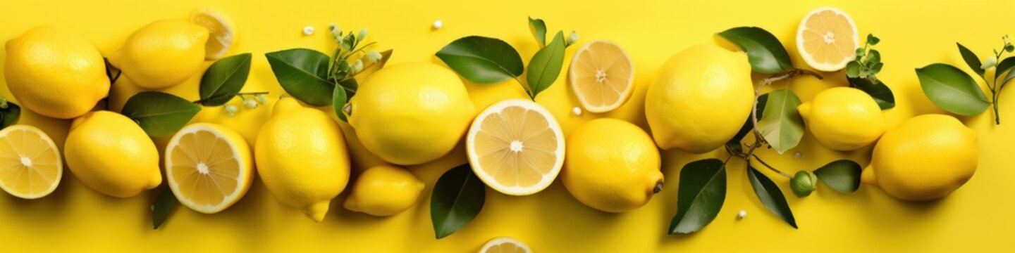 Lemons on bright yellow border. Summer concept. AI image