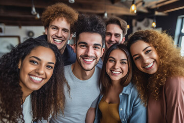 Obraz premium Group of young multiracial people smiling on camera. AI