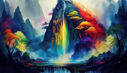 Fototapeta na wymiar Rainbow Colored Waterfall Mountains with Trees on Canvas Oil Painting AI Generative