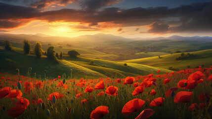 Plakat Poppy field in the mountains. AI