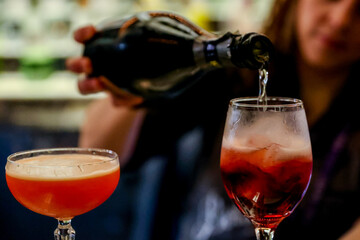 Amsterdam, Netherlands - March 30, 2023: Cocktails prepared at the House of Bols Cocktail and Genever Experience in Amsterdam
