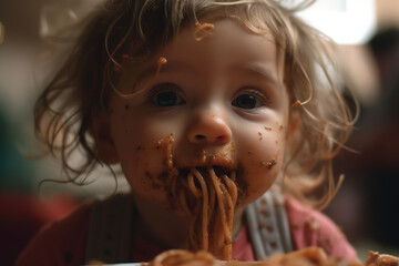 Naklejka premium Messy Food Adventure. Explore the messy world of a toddler diving into a spaghetti meal, leaving their face and hands a joyful mess. Messy eater's delight AI Generative
