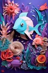 Obraz premium Paper cut out of a fish and flowers