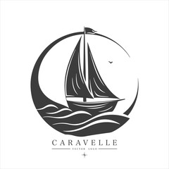 Minimal modern Sailing boat on the water, vector logo. Caravelle emblem