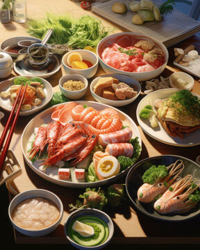 a table with lots of fresh food, rice, sushi, and other dishes