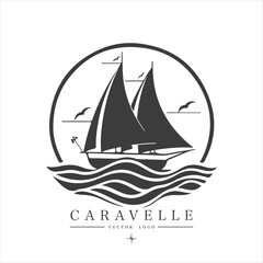 Minimal modern Sailing boat on the water, vector logo. Caravelle emblem