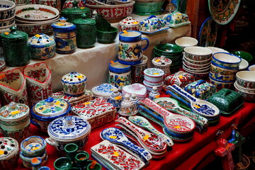 Fototapeta na wymiar Romanian traditional pottery from Corund village for sale at a fair in Bucharest