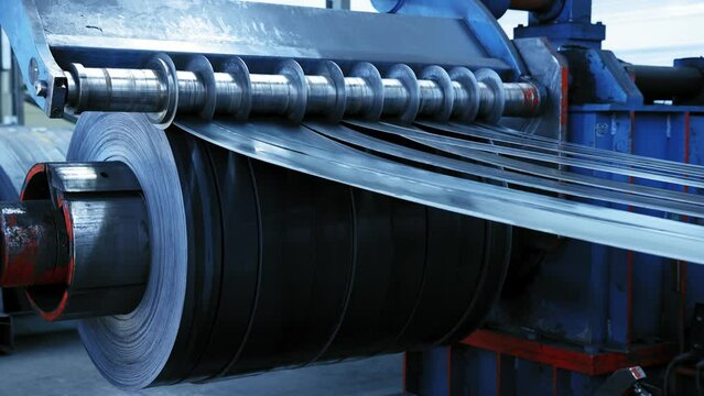 Production of metal pipes. Factory, automotive tools, machine for metal works, cutting, manufacturing tools. Concept of profession, factory mechanisms, technology, manufacture