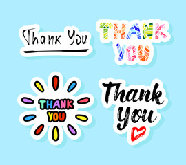 Greeting card sticker set. Cute vector notebook label clip art. Thank you quotes.