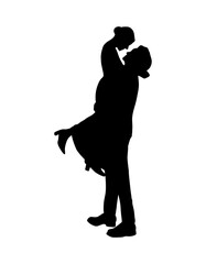 Wedding silhouette print. Groom and bride love couple vector icon. Black simple people shape, engraving design.