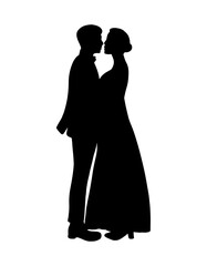 Wedding silhouette print. Groom and bride love couple vector icon. Black simple people shape, engraving design.