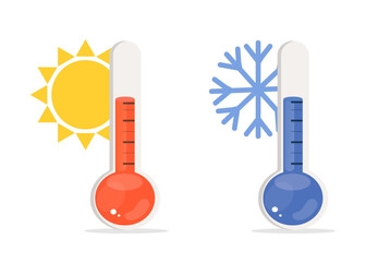 Thermometer hot and cold temperature. Meteorological thermometers measuring climate.  - obrazy, fototapety, plakaty