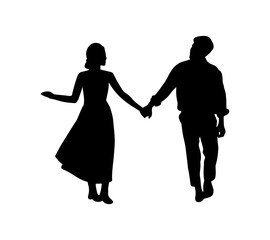 Wedding silhouette print. Groom and bride love couple vector icon. Black simple people shape, engraving design.