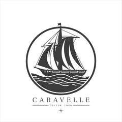 Minimal modern Sailing boat on the water, vector logo. Caravelle emblem