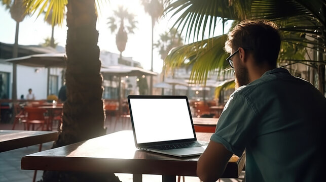 Young man using laptop with a cut out screen at sea resort. Remote work and business in palm paradise. Online purchase of air tickets and hotels. Copy space. Based on Generative AI