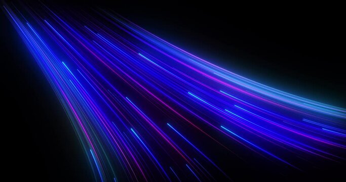 Neon line movement, blue and purple stream, curve abstract technology background, light rays in motion, speed of light lights, seamless loop, 4K