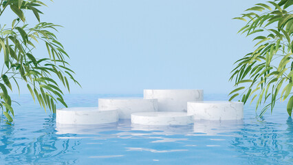 Five empty cylindrical white marble podiums on the water with green bamboo leaves. Mockup for cosmetic products presentation
