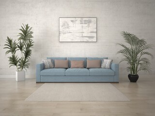 Mock up the spacious living room with a wide comfortable sofa and light decorative plaster, 3d rendering.