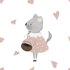 seamless repeat pattern cute kitty and hearts. minimalism in retro style. used for children's testing, printing, packaging.