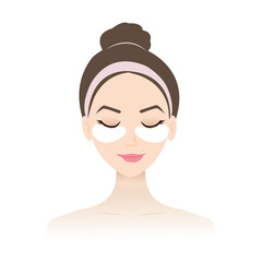 The woman place under eye mask on her face vector isolated on white background. Eye serum patches help smooth under eye skin texture and reduce fine lines. Skin care and beauty concept illustration.