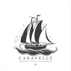 Minimal modern Sailing boat on the water, vector logo. Caravelle emblem
