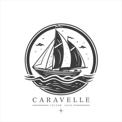 Minimal modern Sailing boat on the water, vector logo. Caravelle emblem