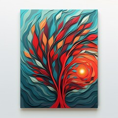 Illustration of a colored bird feather in red and turquoise. Abstract tree in feathers. Al generated art.