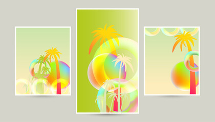 Fototapeta na wymiar Set cards Bright palm trees summer backgrounds colorful 3d holiday vector illustration. Comfortable background graphic design poster flyer leaflet party