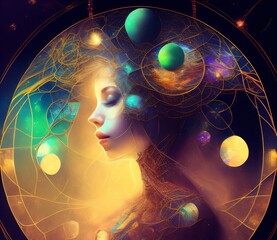 futuristic concept illustration of girl portrait with planets, created with Generative AI technology - 600491512