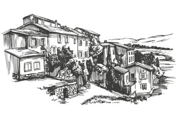 Fototapeta na wymiar beautiful old, vintage street in a rural village, old architecture, travel around europe landscape hand drawn vector illustration sketch