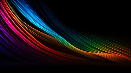 Black background with abstract multicolored lines, generative AI.