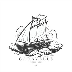 Sailing boat, caravelle, frigate on the water, vector logo emblem in asian style