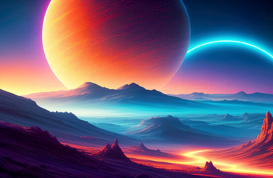 Alien planet landscape, 3d illustration of imaginary, fictional another planet background. Generative Ai.