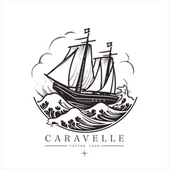 Sailing boat, caravelle, frigate on the water, vector logo emblem in asian style