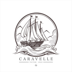 Sailing boat, caravelle, frigate on the water, vector logo emblem in asian style