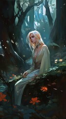 Mysterious woman sitting in a magical forest, Generative AI illustrations