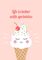 Cute waffle cone ice cream with face and cherry on top.