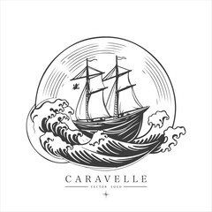Sailing boat, caravelle, frigate on the water, vector logo emblem in asian style