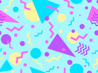 Geometric seamless pattern with memphis elements in 80s style. Colorful geometric pattern. Design of promotional products, wrapping paper and printing. Vector illustration