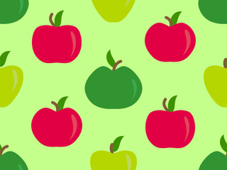 Seamless pattern with red and green apples. Apples with one leaf. Design for printing on fabric, banners and promotional products. Vector illustration