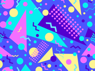 Memphis seamless pattern with geometric shapes in 80s style. Colorful geometric pattern. Design of promotional products, wrapping paper and printing. Vector illustration
