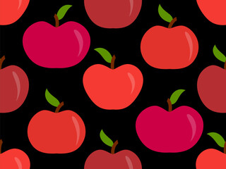 Seamless pattern with red apples on a black background. Red apple with one leaf. Design for printing on fabric, banners and promotional products. Vector illustration