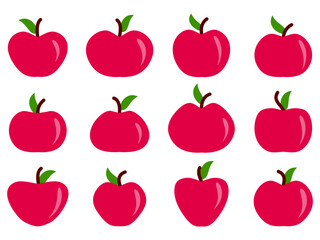 Red apples set isolated on white background. Red apple with one leaf. Apples big icons set. Design for printing on fabric, banners and promotional products. Vector illustration