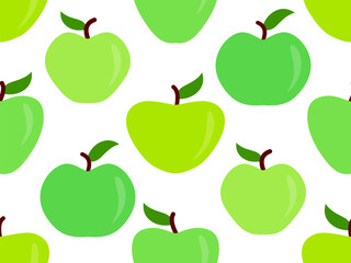 Seamless pattern with green apples on a white background. Green apple with one leaf. Design for printing on fabric, banners and promotional products. Vector illustration