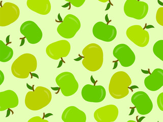 Apples seamless pattern. Green apple with one leaf. Design for printing on fabric, banners and promotional products. Vector illustration