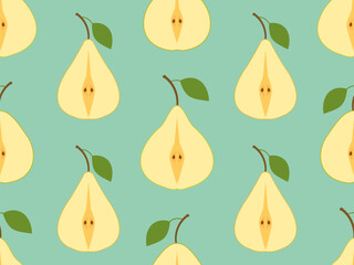 Seamless pattern with pear halves with one leaf. Pear cut in half. Design for printing on fabric, banners and promotional items. Vector illustration
