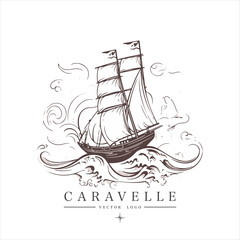 Sailing boat, caravelle, frigate on the water, vector logo emblem in asian style