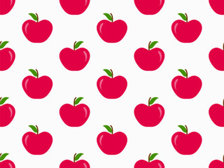 Seamless pattern with red apples on a white background. Red apple with one leaf. Design for printing on fabric, banners and promotional products. Vector illustration