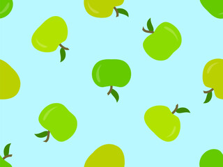 Seamless pattern with green apples on a blue background. Green apple with one leaf. Design for printing on fabric, banners and promotional products. Vector illustration